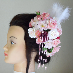 ピンクローズと桜の成人式髪飾り