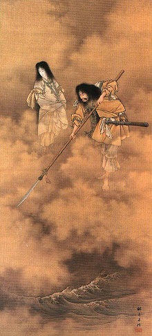 天瓊を以て滄海を探るの図（小林永濯・画、明治時代）　伊耶那岐神（右）と伊耶那美神（左）