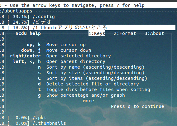 Ncdu Ubuntu ディスク利用状況 ヘルプ キー操作